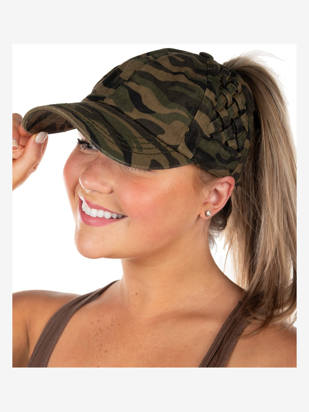 Criss Cross Ponytail Cap, Messy Bun | Basketweave, Green Camouflage | Size OS